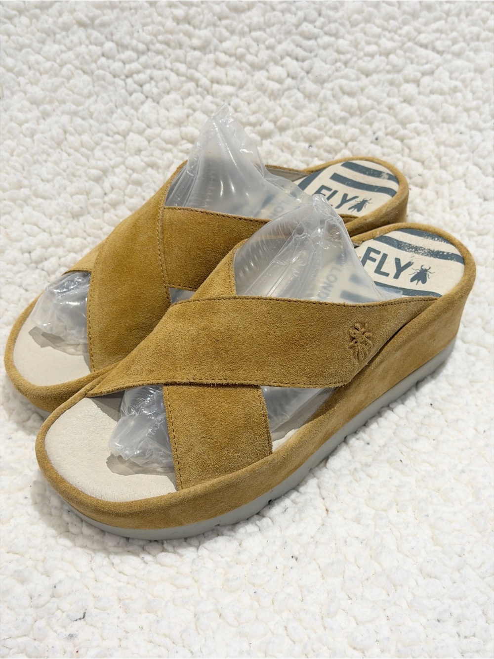 Fly London Sandals Wmn EU 37 US 6.5 Tan/Mustard Begsfly Suede Wedge Slide Shoes